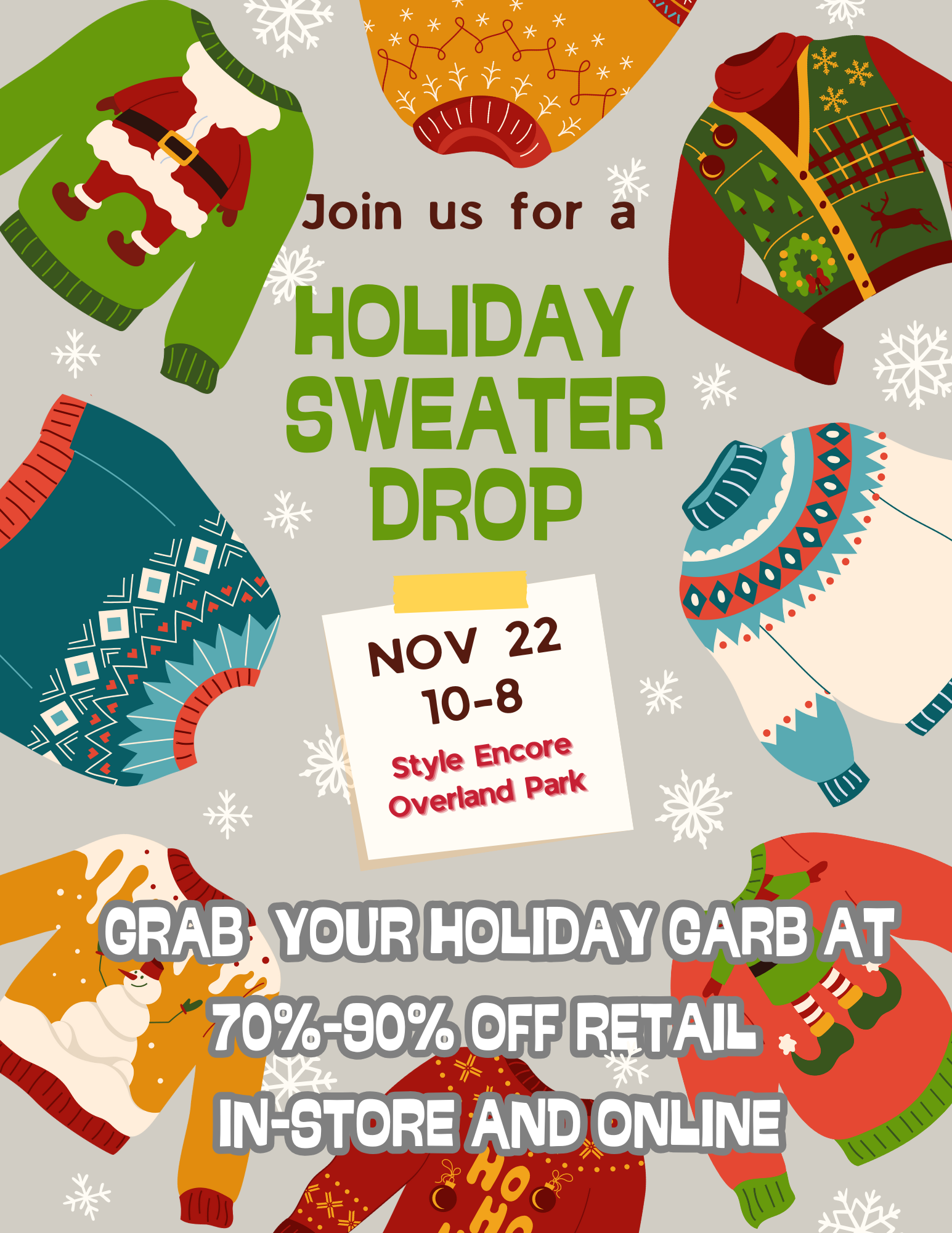 A flyer with Christmas sweaters that describes our event.